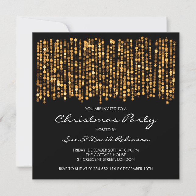 Modern Christmas Party Twinkling Lights Gold Invitation (Front)