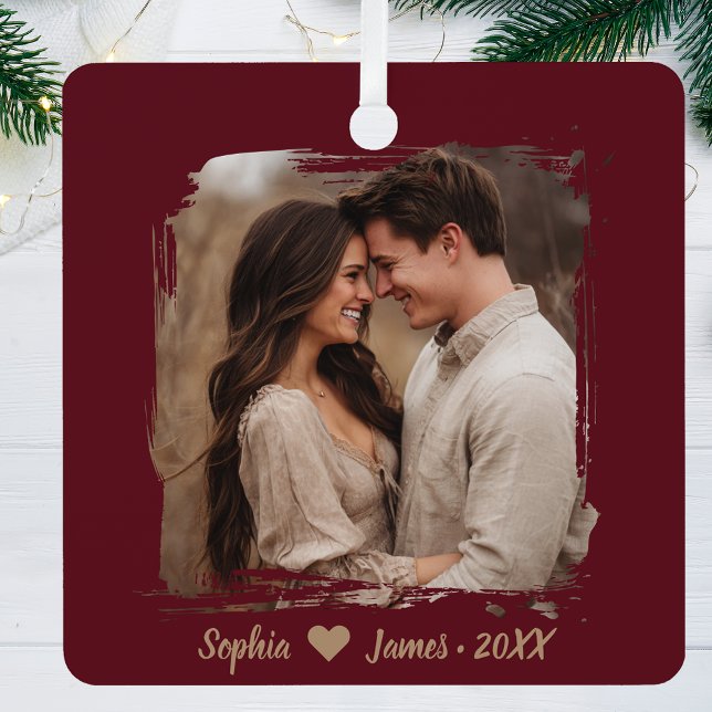 Modern Christmas | Personalized Couple Photo  Metal Ornament (Creator Uploaded)