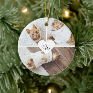 Modern Christmas Pet Monogram Three Photo Collage Ceramic Ornament