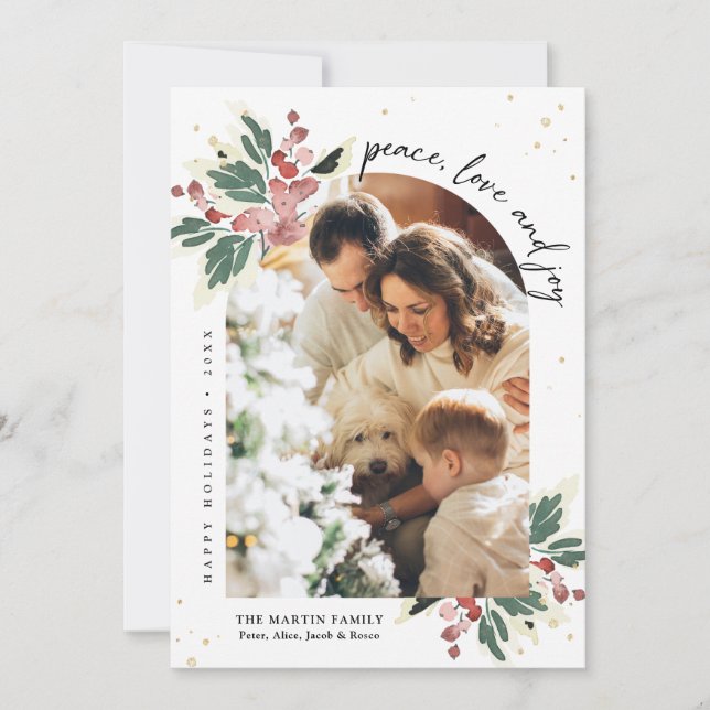 Modern Christmas Photo Arch Watercolor Holly Holiday Card (Front)