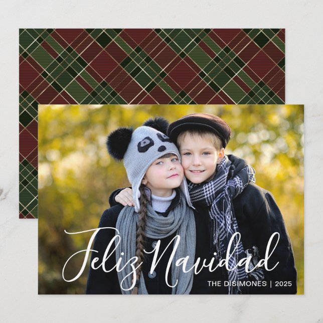 Modern Christmas Photo Feliz Navidad Plaid Holiday Card (Front/Back)