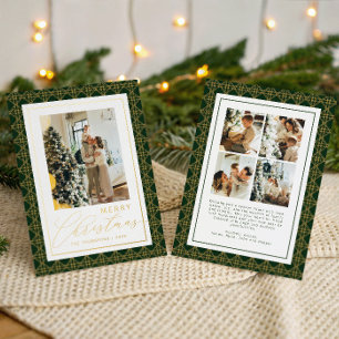 Modern Christmas Photo Green and Yellow Plaid Gold Foil Holiday Card