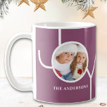 Modern Christmas Photo Purple Coffee Mug<br><div class="desc">This modern Christmas mug is decorated with the word JOY on a purple background.
Easily customizable with your photo and name.</div>