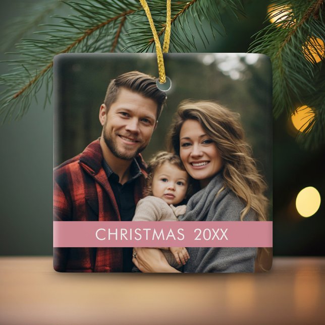 Modern Christmas - Photo Year and Pink Stripe Ceramic Ornament (Personalized Photo Ornament - Christmas Keepsake)