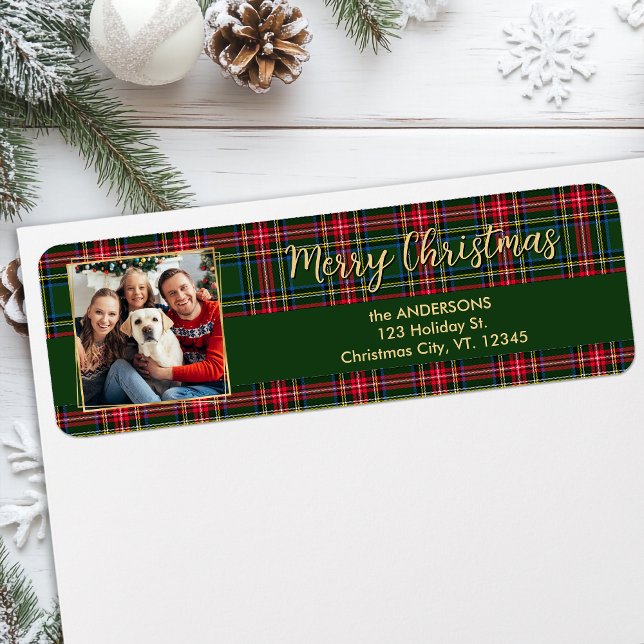 Modern Christmas Plaid Gold Photo Return Address (Creator Uploaded)