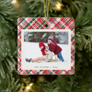 Modern Christmas Plaid Pink Red Green Cute Photo Ceramic Ornament