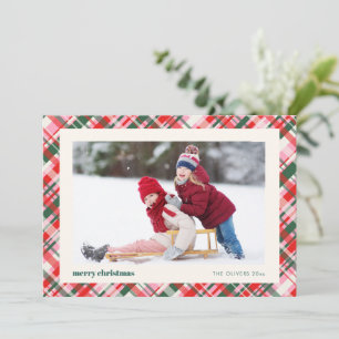 Modern Christmas Plaid Pink Red Green Cute Photo Holiday Card