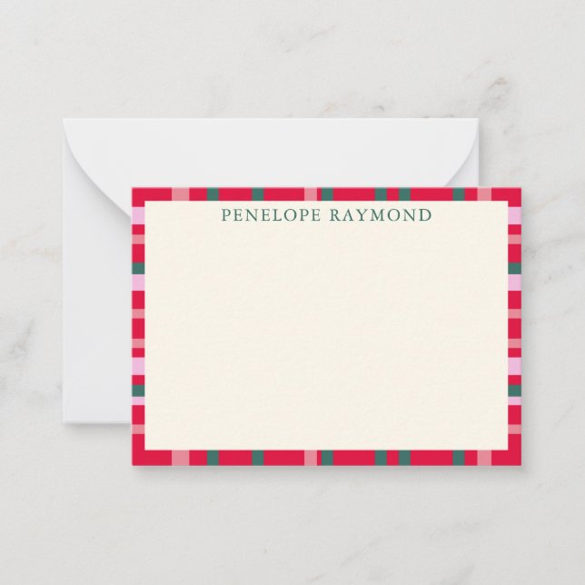 Modern Christmas Plaid Red and Green Personalized Card (Front)