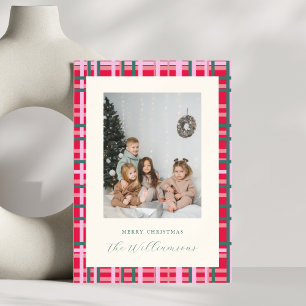 Modern Christmas Plaid Red Green Family Photo Holiday Card