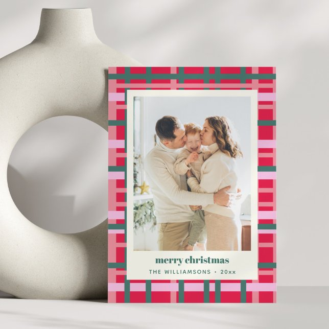 Modern Christmas Plaid Red Green Vertical Photo Holiday Card (Creator Uploaded)