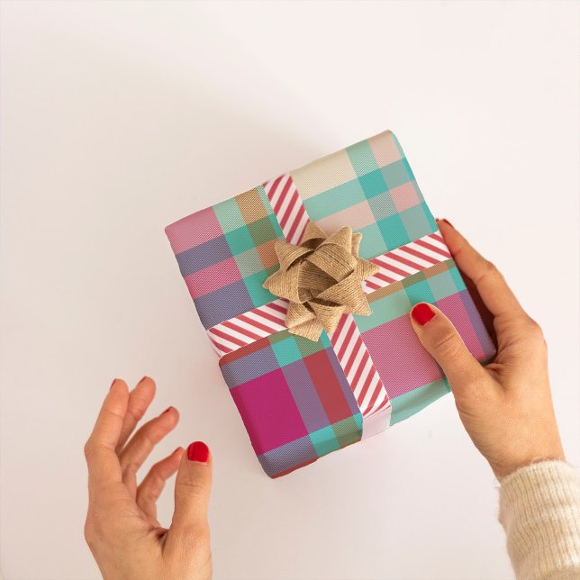 Modern Christmas Plaid tartan retro hot pink aqua  Wrapping Paper (Creator Uploaded)