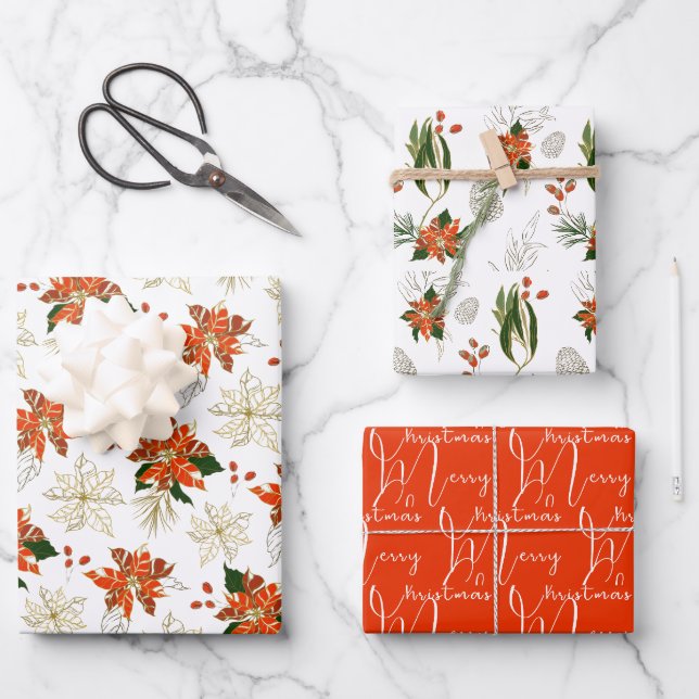 Modern Christmas Pointsettia Patterns Coordinated  Wrapping Paper Sheet (Front)