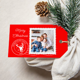 Modern Christmas Postage Stamp Family Photo Red Gift Tags