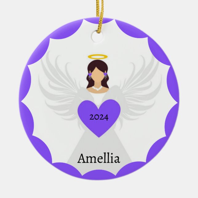 Modern Christmas Purple Angel Heart Custom Name Ceramic Ornament (Front)