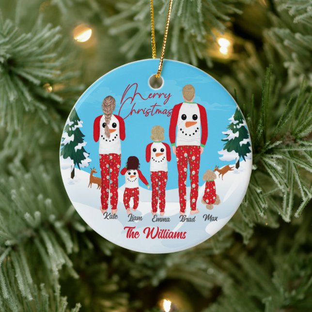 Modern Christmas Pyjamas Family of 5 Personalized  Ceramic Ornament (Tree)