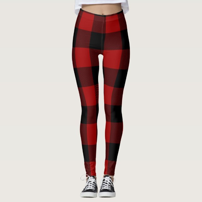 Modern Christmas Red and Black Buffalo Plaid Leggings (Front)