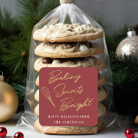 Modern Christmas Red and Gold Holiday Baking Gift Square Sticker<br><div class="desc">Custom-designed holiday baking gift stickers and labels featuring "baking spirits bright" modern gold calligraphy design with personalized name.</div>