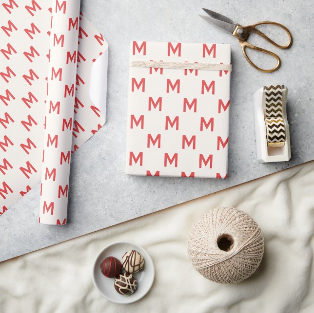 Modern Christmas Red custom monogram pattern Wrapping Paper (Crafts)