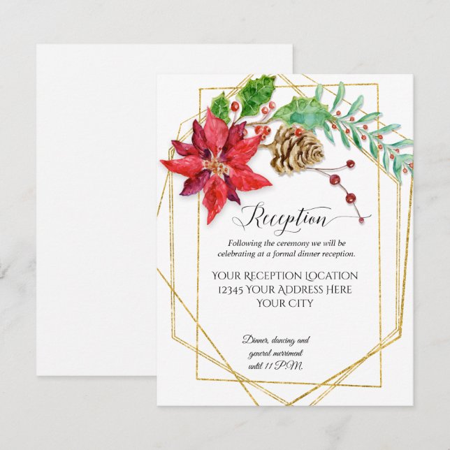 Modern Christmas Red Floral Gold Geometric Wedding Invitation (Front/Back)