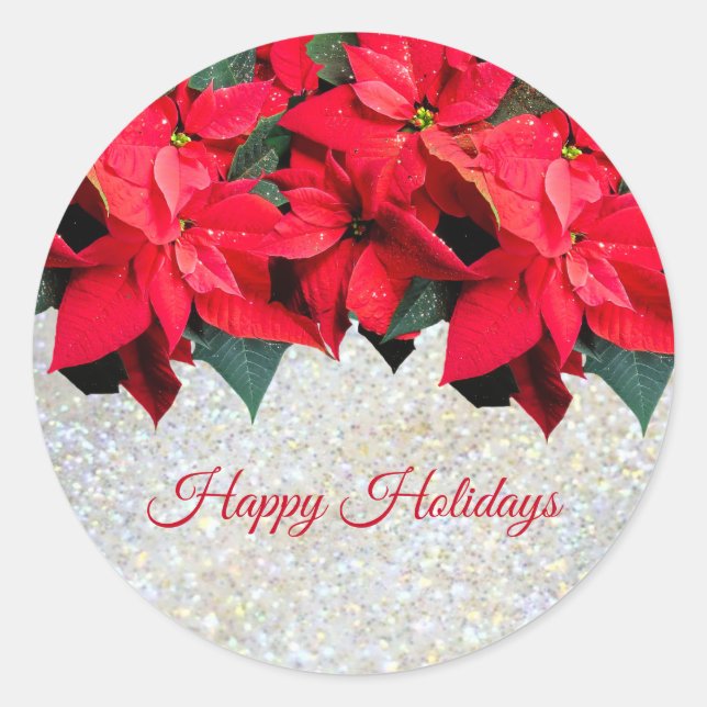 Modern Christmas Red Flowers Holiday Classic Round Sticker (Front)