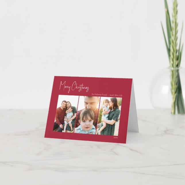 Modern Christmas | Red Folded Three-Photo Holiday Card (Front)