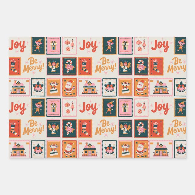 Modern Christmas red green beige  wrapping paper  (Front)