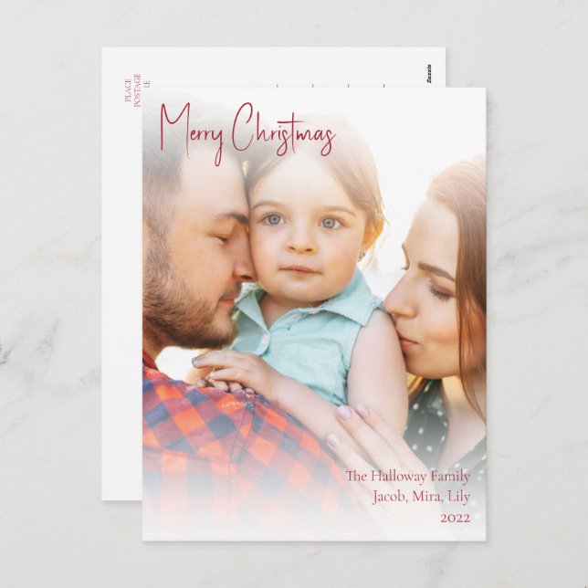 Modern Christmas Red Handwritten Script Full Photo Holiday Postcard (Front/Back)