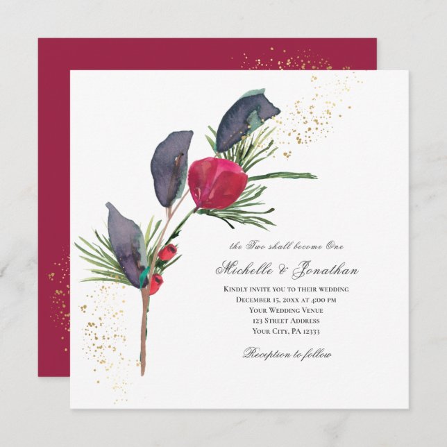 Modern Christmas Red Rose Winter Greenery Wedding Invitation (Front/Back)