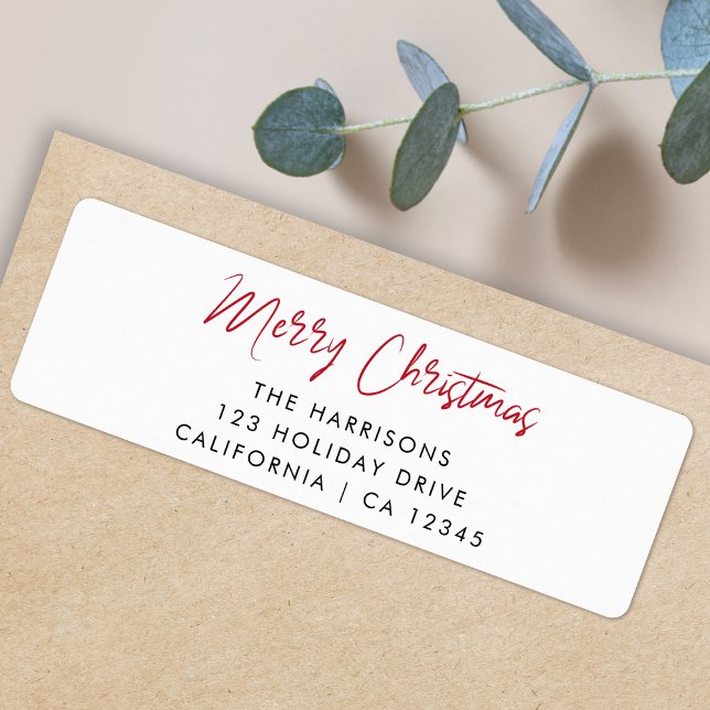 Modern Christmas | Red Script Minimalist White (Simple Merry Christmas return address envelope labels by Guava for your every holiday mailing needs)