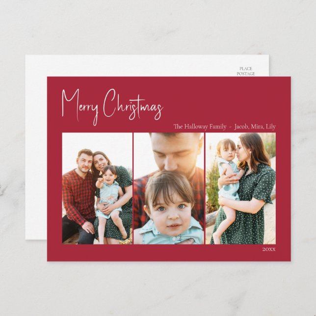 Modern Christmas | Red Three-Photo Holiday Postcard (Front/Back)