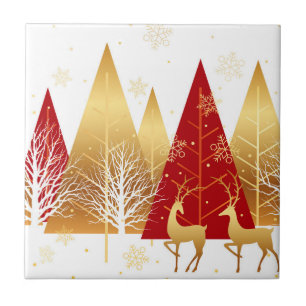 Modern Christmas Reindeer Red Gold Winter Snow Tile