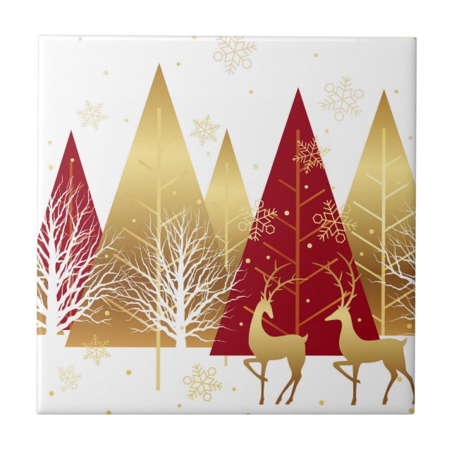 Modern Christmas Reindeer Red Gold Winter Snow Tile (Front)