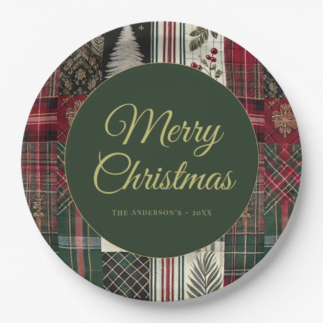 Modern Christmas Rustic Plaid Pattern Paper Plate (Front)