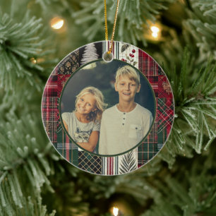 Modern Christmas Rustic Plaid Photo Ceramic Ornament