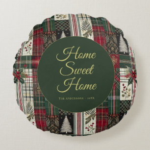 Modern Christmas Rustic Tartan Plaid Round Pillow