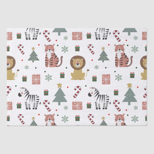 Modern Christmas Safari Animals Tiger Lion Zebra   Tissue Paper (Front)