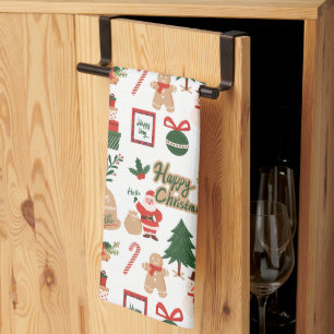 Modern Christmas Santa and Gingerbread Pattern Kitchen Towel