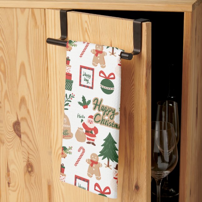 Modern Christmas Santa and Gingerbread Pattern Kitchen Towel (Thirds Fold)