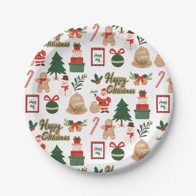 Modern Christmas Santa and Gingerbread Pattern Paper Plate (Front)