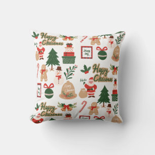 Modern Christmas Santa and Gingerbread Pattern Throw Pillow