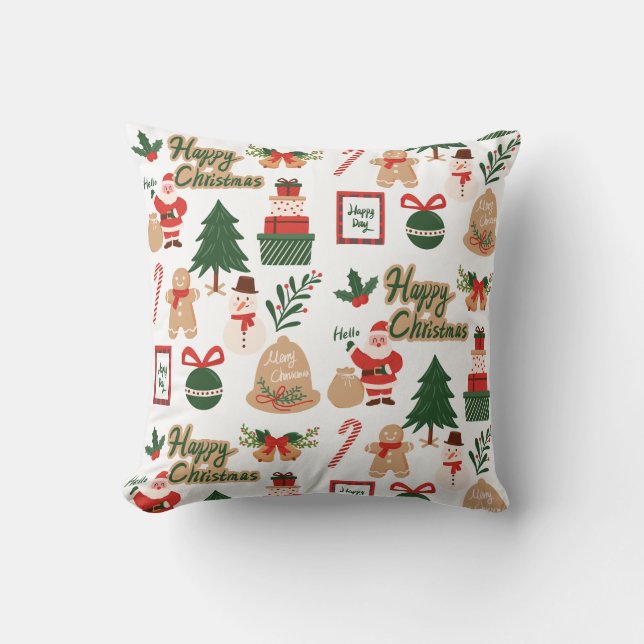 Modern Christmas Santa and Gingerbread Pattern Throw Pillow (Front)