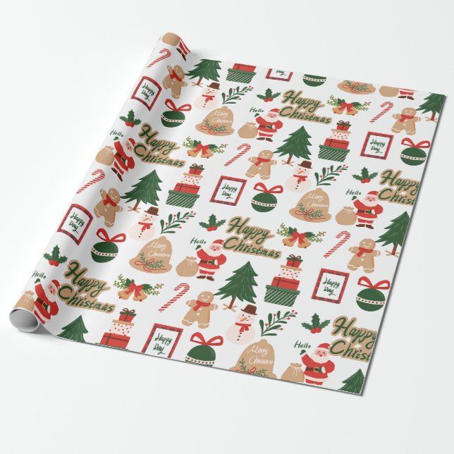 Modern Christmas Santa and Gingerbread Pattern Wrapping Paper (Unrolled)