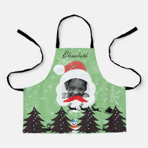 Modern Christmas Santa Custom Face Photo Name Grey Apron