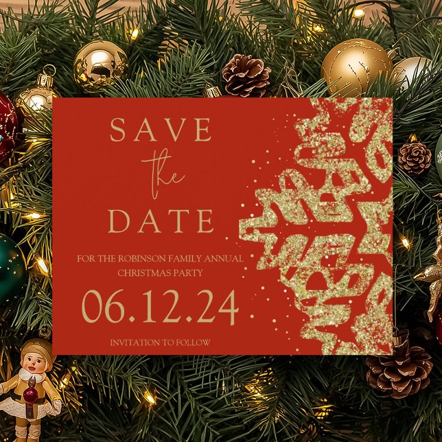 Modern Christmas Save The Date Gold Glitter Red Announcement Postcard (Modern Christmas Save The Date Gold Glitter Red Announcement Postcard)