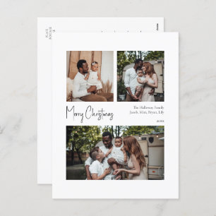 Modern Christmas Script Centred Three-Photo Holiday Postcard