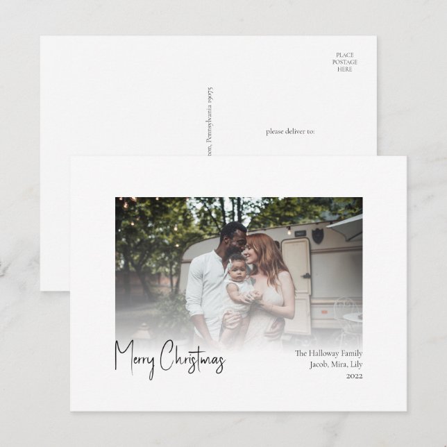 Modern Christmas Script Faded Photo Holiday Postca (Front/Back)