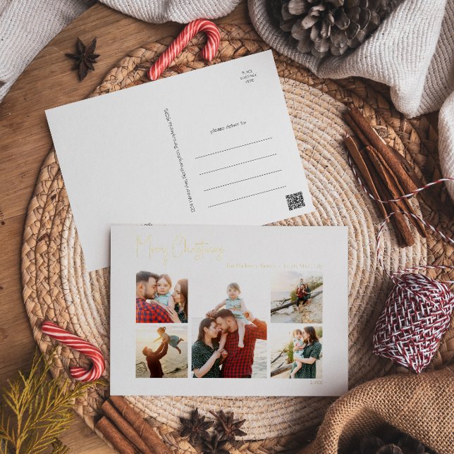 Modern Christmas Script Five Photo Gold Foil Holid Foil Holiday Postcard (Creator Uploaded)