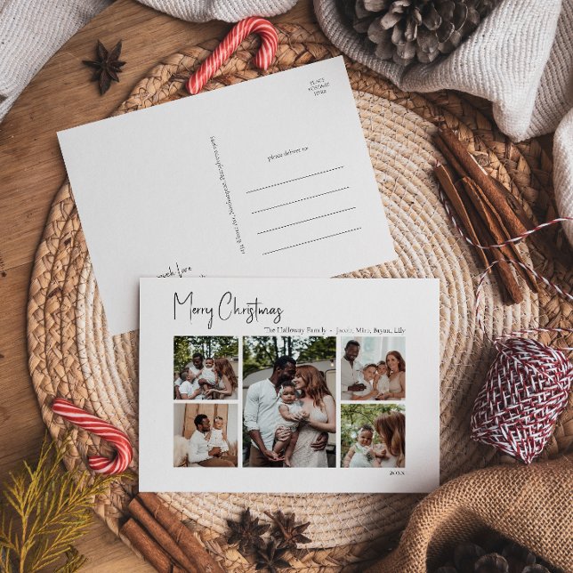 Modern Christmas Script Five-Photo Holiday Postcard (Creator Uploaded)