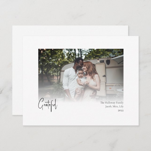 Modern Christmas Script Grateful Faded Photo Holiday Card (Front/Back)