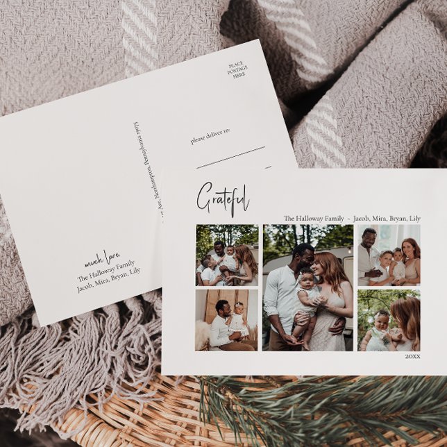 Modern Christmas Script Grateful Five-Photo Holiday Postcard (Creator Uploaded)